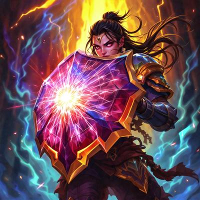 The primary subject of the image is a woman holding a shield with a purple and yellow design. She is wearing a suit and has a fierce expression on her face. The setting is a dark room with a purple and yellow background, which adds to the overall mood of the image. The visual style is a digital art illustration, giving the image a unique and detailed appearance.